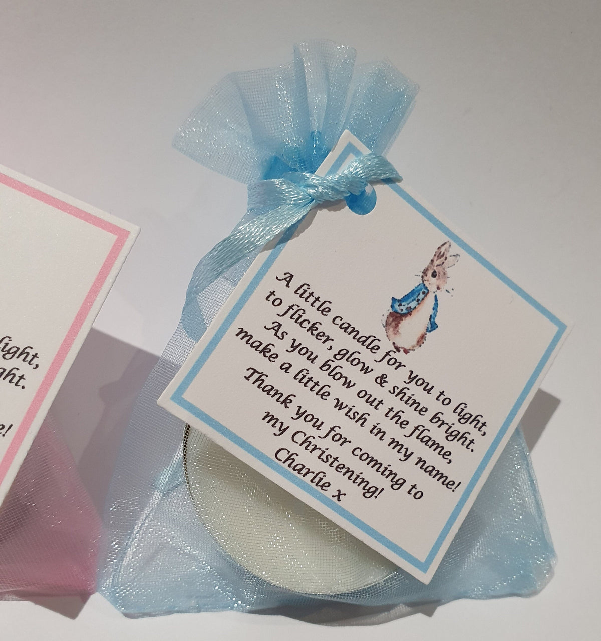 10 x Personalised Christening / Baptism / First Holy Communion candle favours - keepsake / tealights / Peter Rabbit / Flopsy Bunny