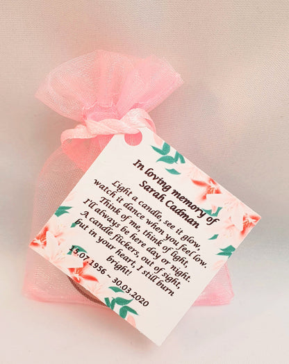 10 x Personalised Funeral Candle Favours | 10 Pack | Vanilla Tealight Keepsake with Poem Card | Flower Designs