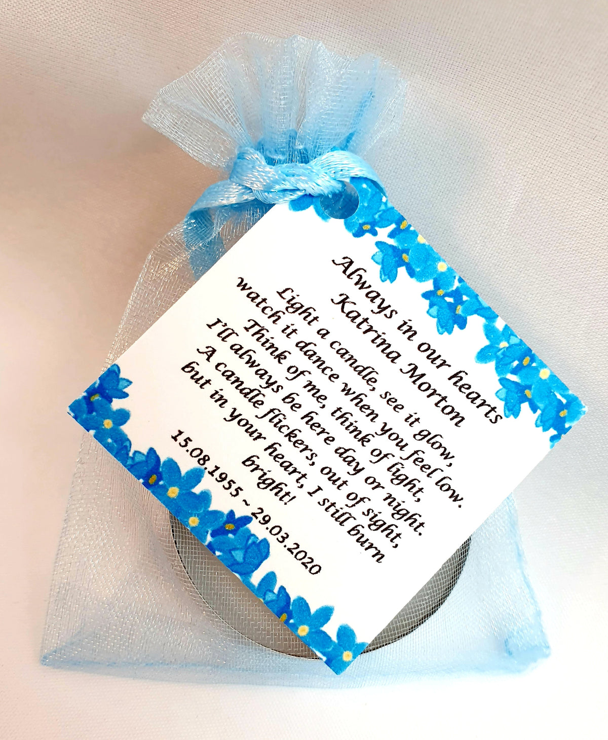 10 x Personalised Funeral Candle Favours | 10 Pack | Vanilla Tealight Keepsake with Poem Card | Flower Designs