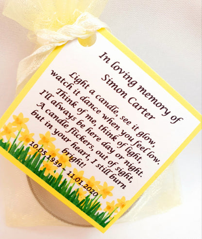 10 x Personalised Funeral Candle Favours | 10 Pack | Vanilla Tealight Keepsake with Poem Card | Flower Designs
