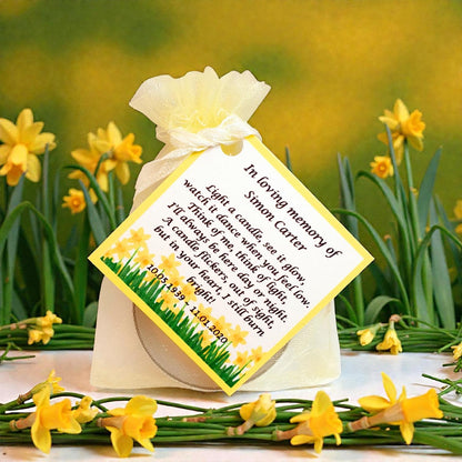 10 x Personalised Funeral Candle Favours | 10 Pack | Vanilla Tealight Keepsake with Poem Card | Flower Designs
