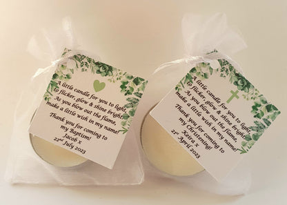 10 x Personalised Christening / Baptism / First Holy Communion candle favours  - keepsake / tealights / Botanical / Floral