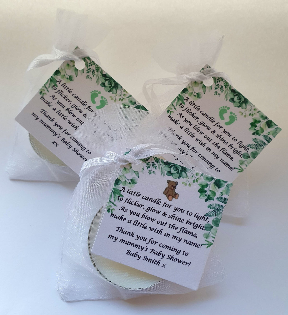 10 x Personalised Baby Shower Botanical candle favours  - keepsake / tealights / Floral / Green