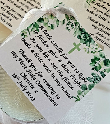 10 x Personalised Christening / Baptism / First Holy Communion candle favours  - keepsake / tealights / Botanical / Floral