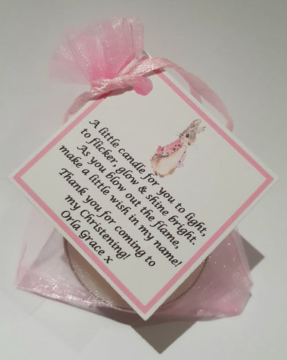 10 x Personalised Christening / Baptism / First Holy Communion candle favours  - keepsake / tealights / Peter Rabbit / Flopsy Bunny