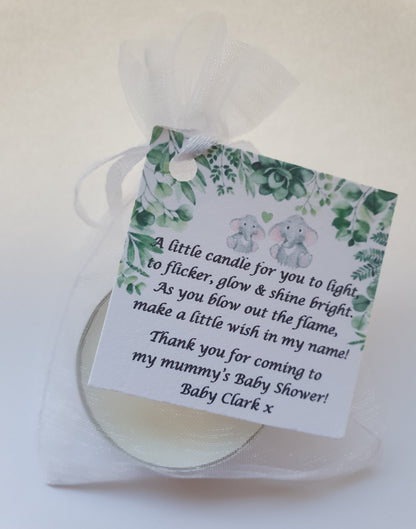 10 x Personalised Baby Shower Botanical candle favours  - keepsake / tealights / Floral / Green