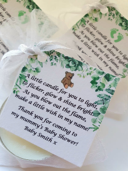 Baby Shower Botanical Candle Favours | Personalised Vanilla Tealight Keepsake | Packs of 1–100