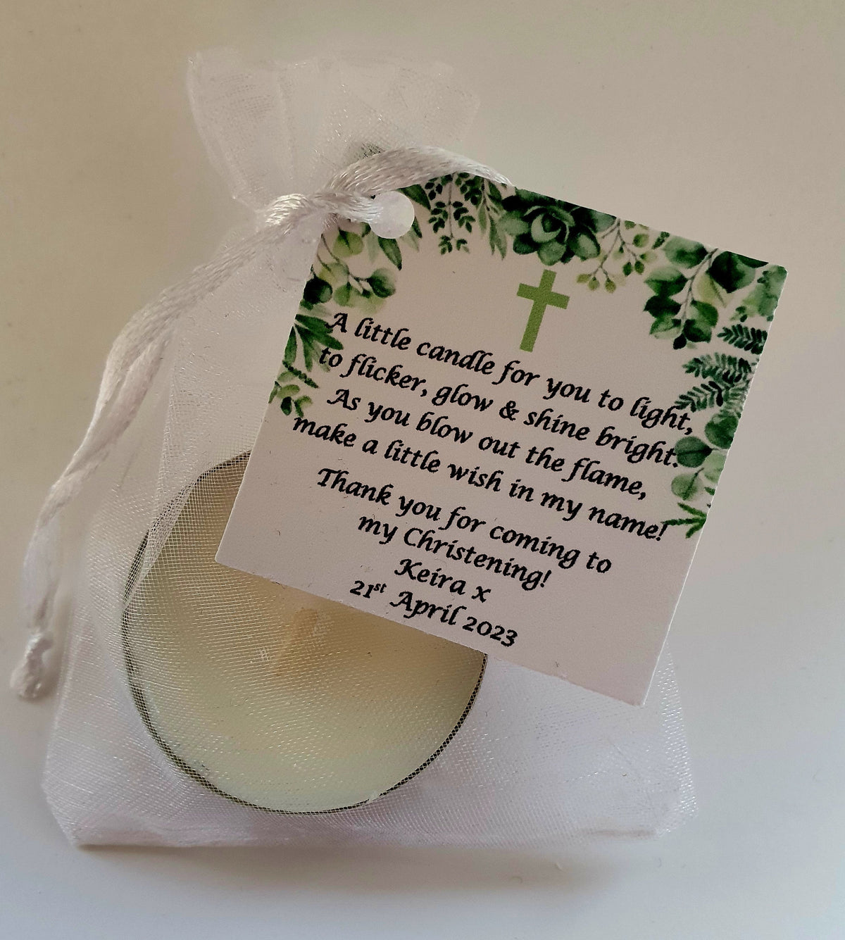 10 x Personalised Christening / Baptism / First Holy Communion candle favours  - keepsake / tealights / Botanical / Floral