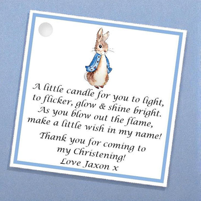 10 x Personalised Christening / Baptism / First Holy Communion candle favours  - keepsake / tealights / Peter Rabbit / Flopsy Bunny