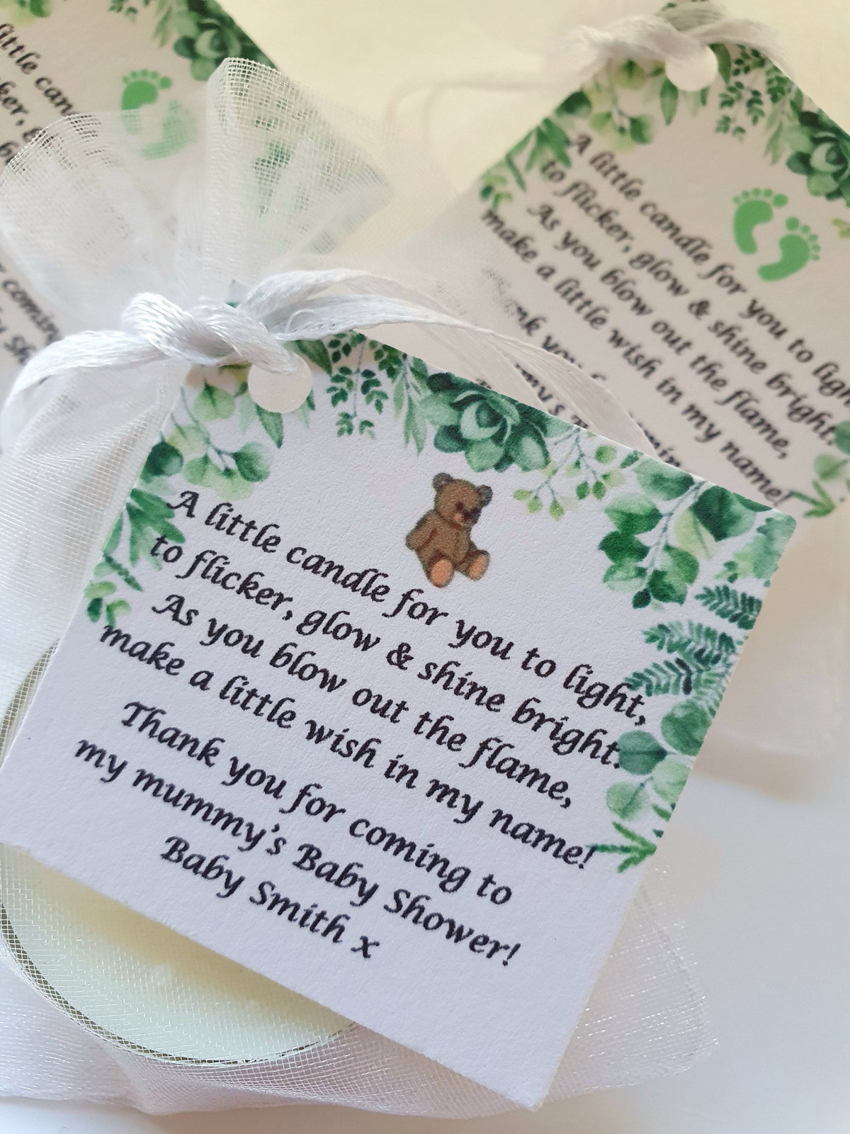 10 x Personalised Baby Shower Botanical candle favours  - keepsake / tealights / Floral / Green