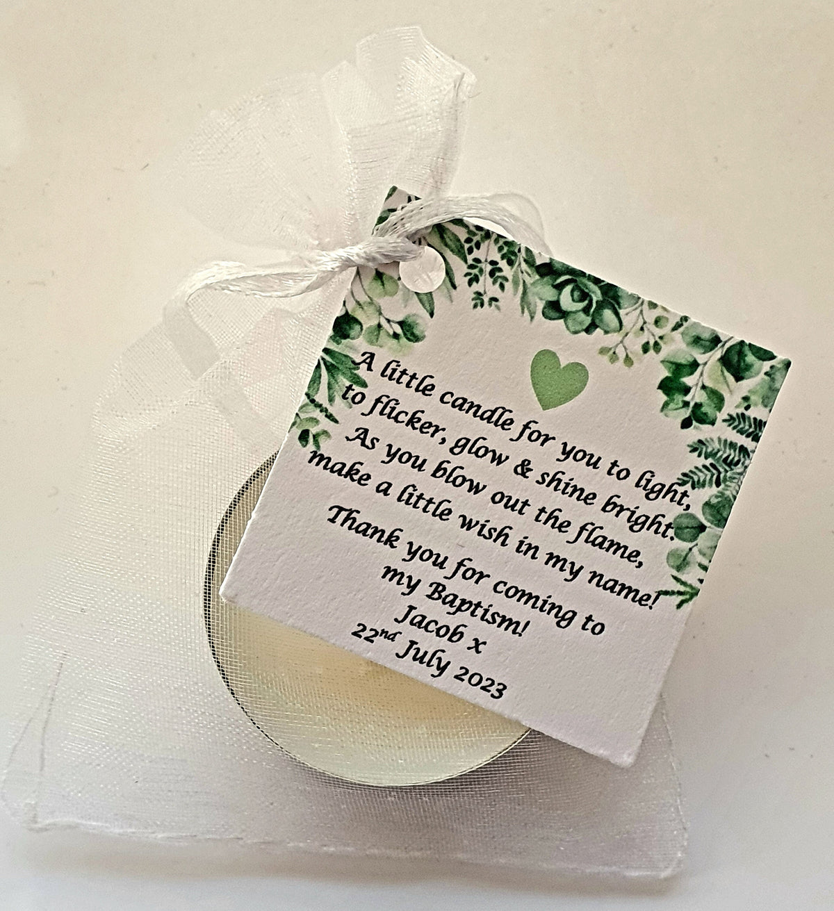 10 x Personalised Christening / Baptism / First Holy Communion candle favours  - keepsake / tealights / Botanical / Floral