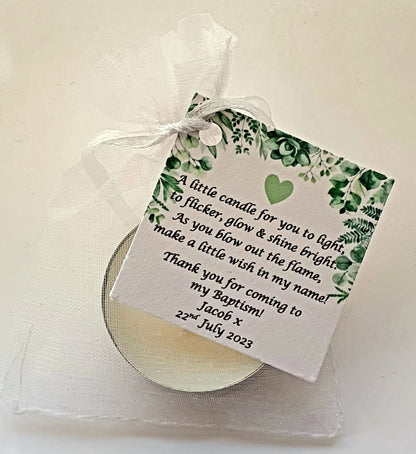 10 x Personalised Christening / Baptism / First Holy Communion candle favours  - keepsake / tealights / Botanical / Floral
