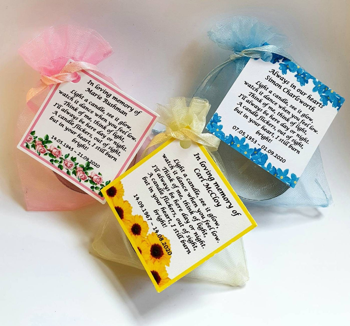 10 x Personalised Funeral Candle Favours | 10 Pack | Vanilla Tealight Keepsake with Poem Card | Flower Designs