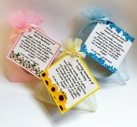 10 x Personalised candle favour memorial funeral service keepsake -memory bereavement flowers