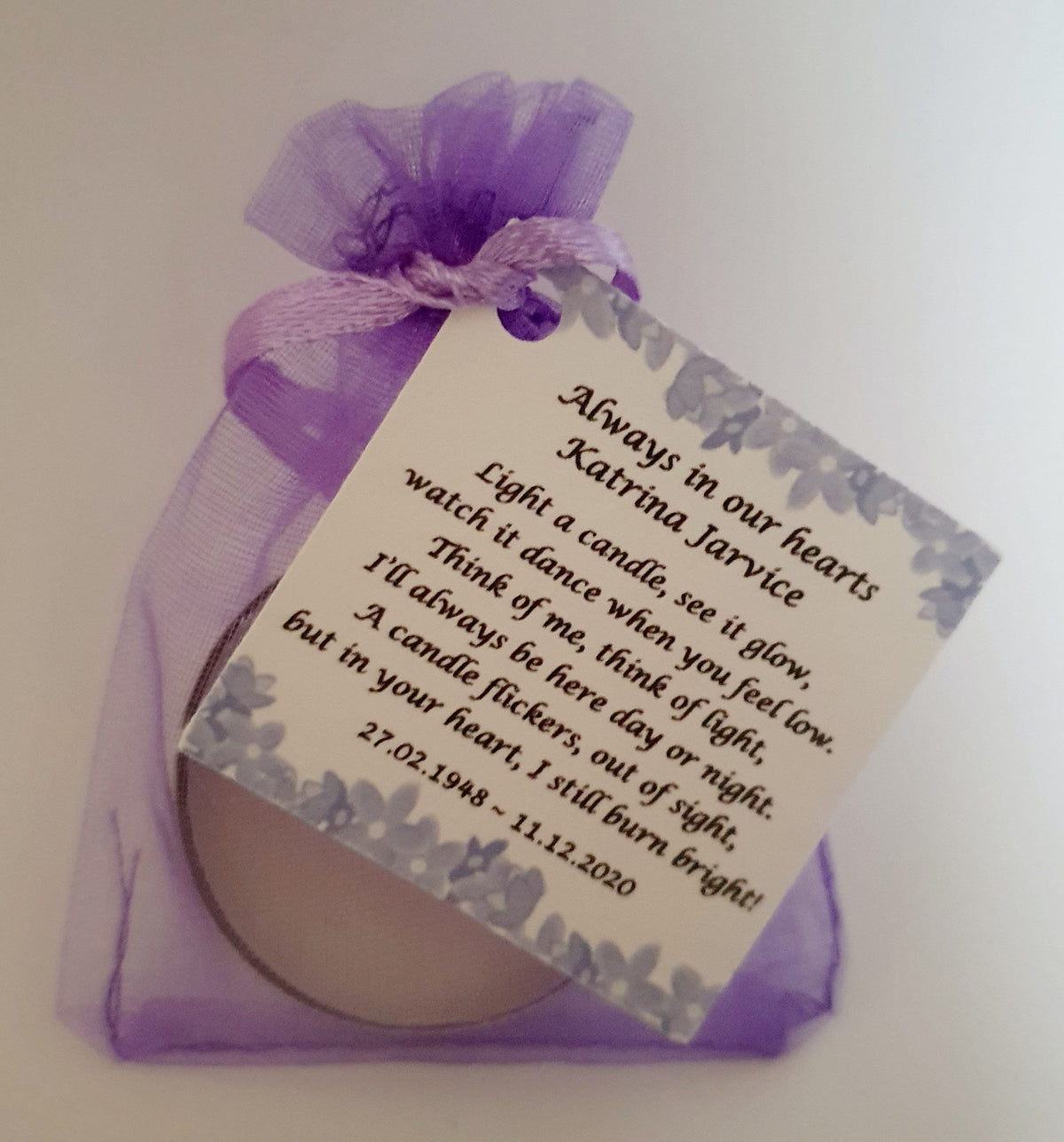 10 x Personalised Funeral Candle Favours | 10 Pack | Vanilla Tealight Keepsake with Poem Card | Flower Designs
