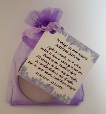 10 x Personalised Funeral Candle Favours | 10 Pack | Vanilla Tealight Keepsake with Poem Card | Flower Designs