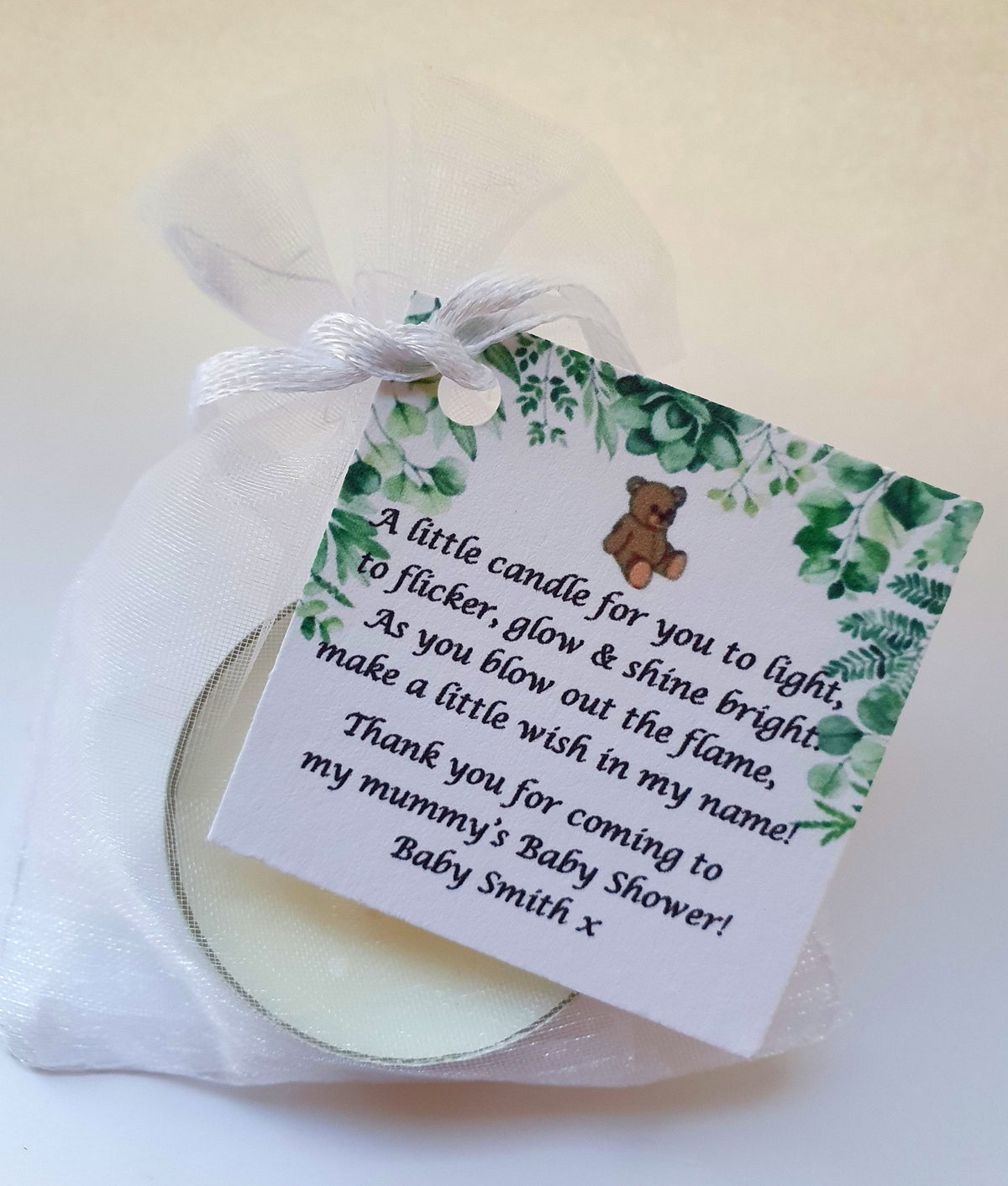 10 x Personalised Baby Shower Botanical candle favours  - keepsake / tealights / Floral / Green