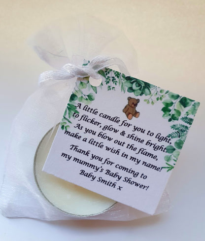 10 x Personalised Baby Shower Botanical candle favours  - keepsake / tealights / Floral / Green