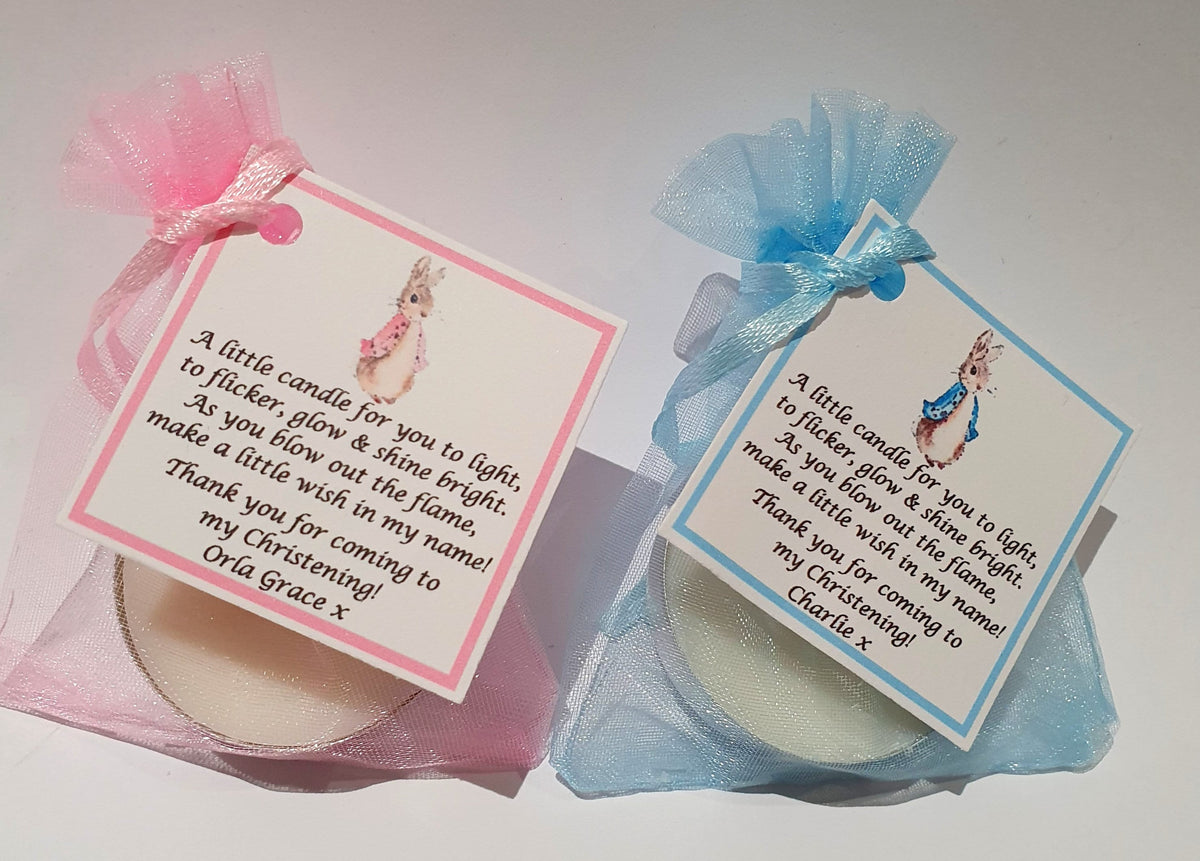 10 x Personalised Christening / Baptism / First Holy Communion candle favours  - keepsake / tealights / Peter Rabbit / Flopsy Bunny