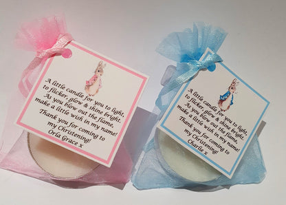 10 x Personalised Christening / Baptism / First Holy Communion candle favours  - keepsake / tealights / Peter Rabbit / Flopsy Bunny