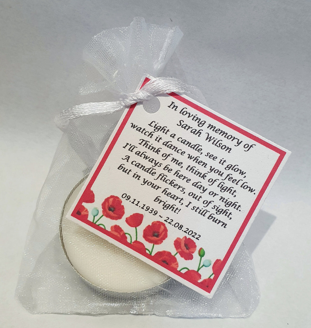 10 x Personalised Funeral Candle Favours | 10 Pack | Vanilla Tealight Keepsake with Poem Card | Flower Designs