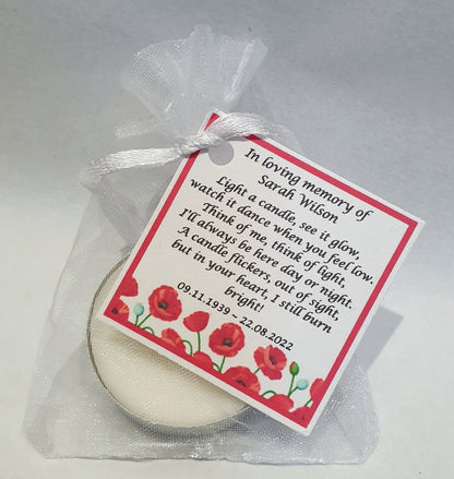 10 x Personalised Funeral Candle Favours | 10 Pack | Vanilla Tealight Keepsake with Poem Card | Flower Designs