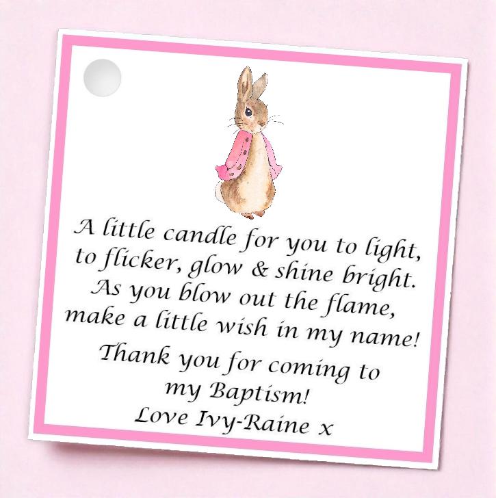 10 x Personalised Christening / Baptism / First Holy Communion candle favours  - keepsake / tealights / Peter Rabbit / Flopsy Bunny