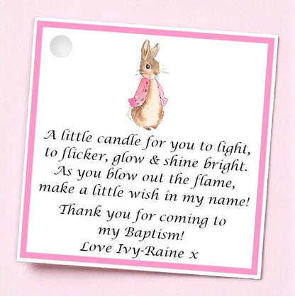 10 x Personalised Christening / Baptism / First Holy Communion candle favours  - keepsake / tealights / Peter Rabbit / Flopsy Bunny
