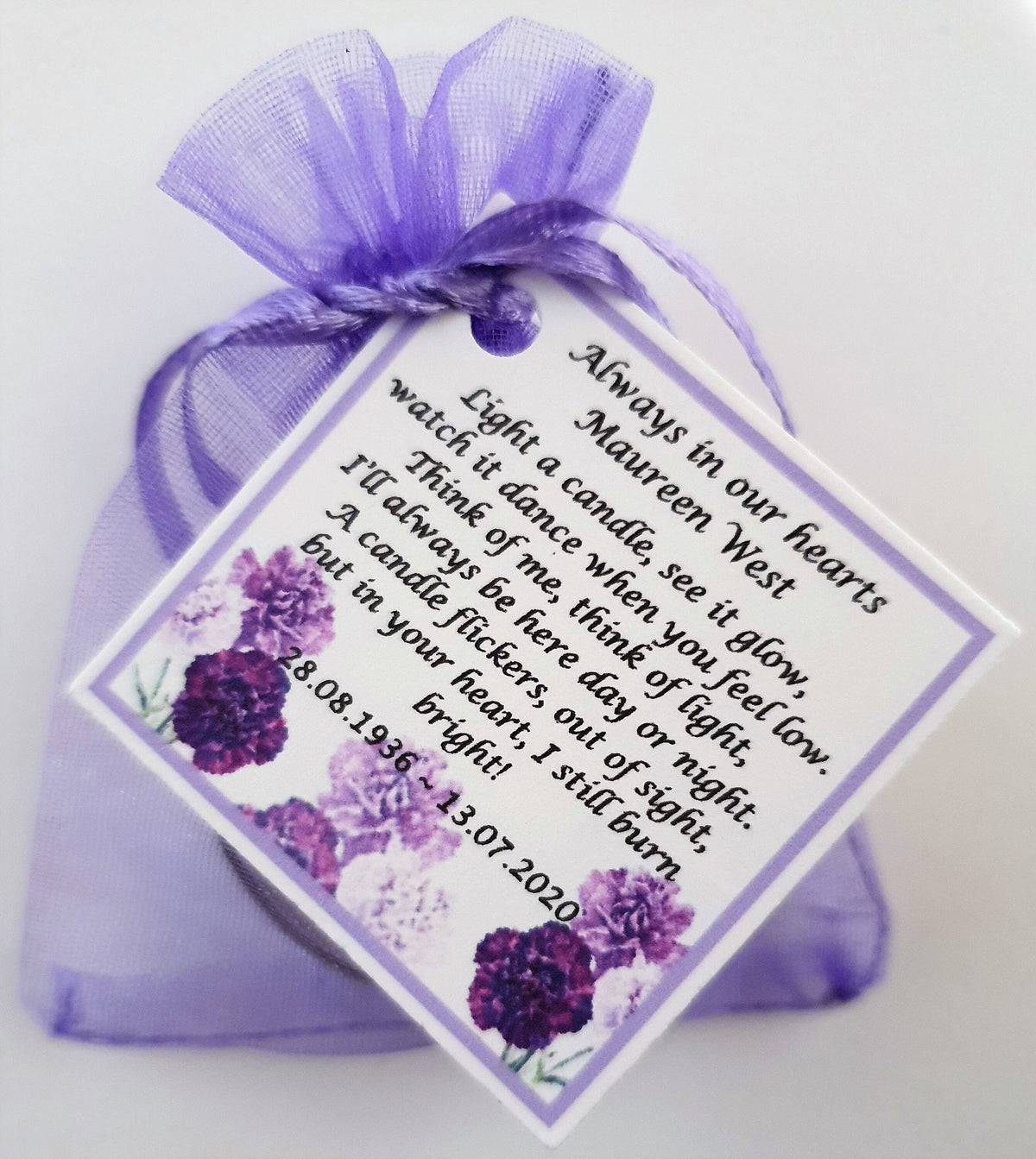 10 x Personalised Funeral Candle Favours | 10 Pack | Vanilla Tealight Keepsake with Poem Card | Flower Designs