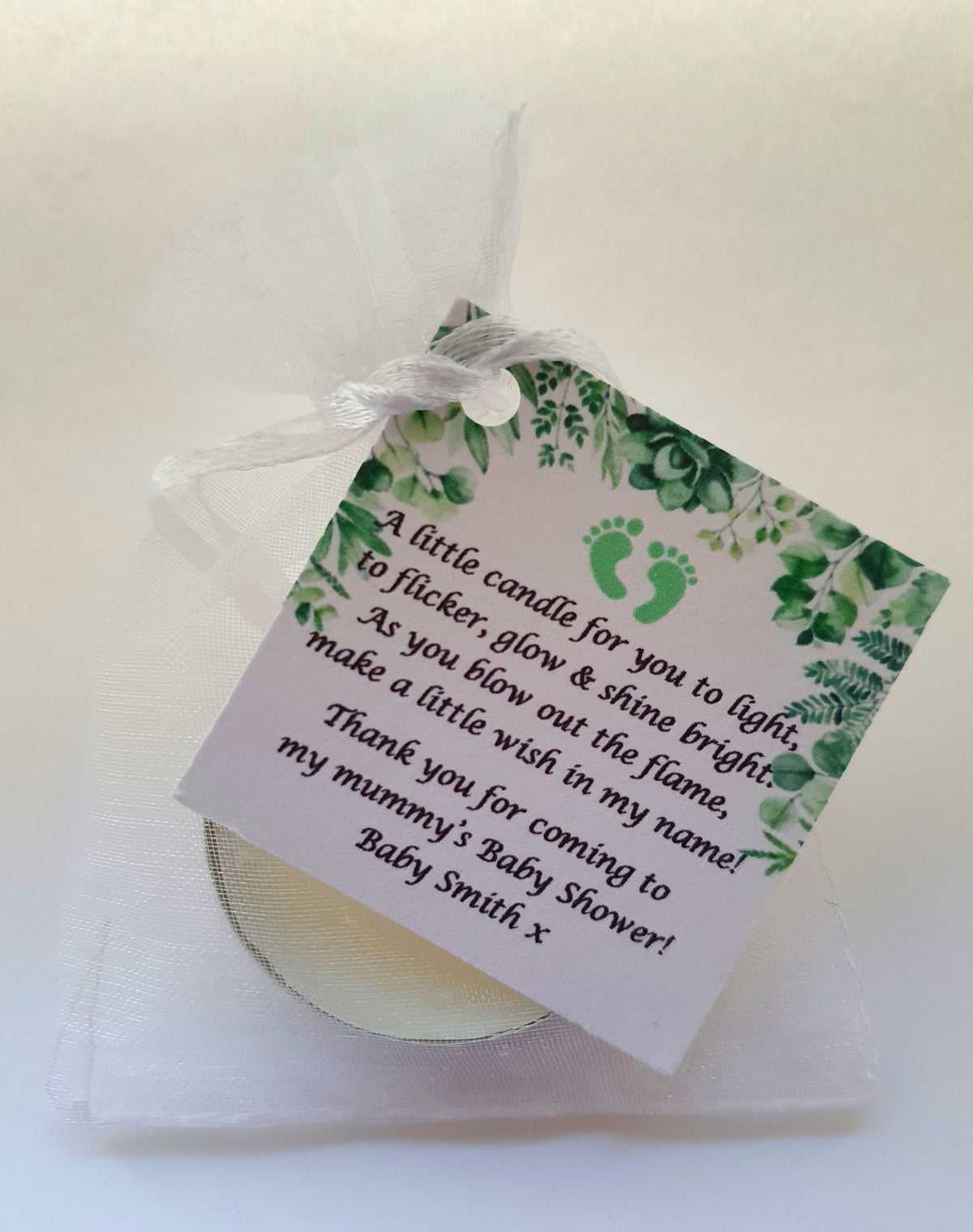 10 x Personalised Baby Shower Botanical candle favours  - keepsake / tealights / Floral / Green