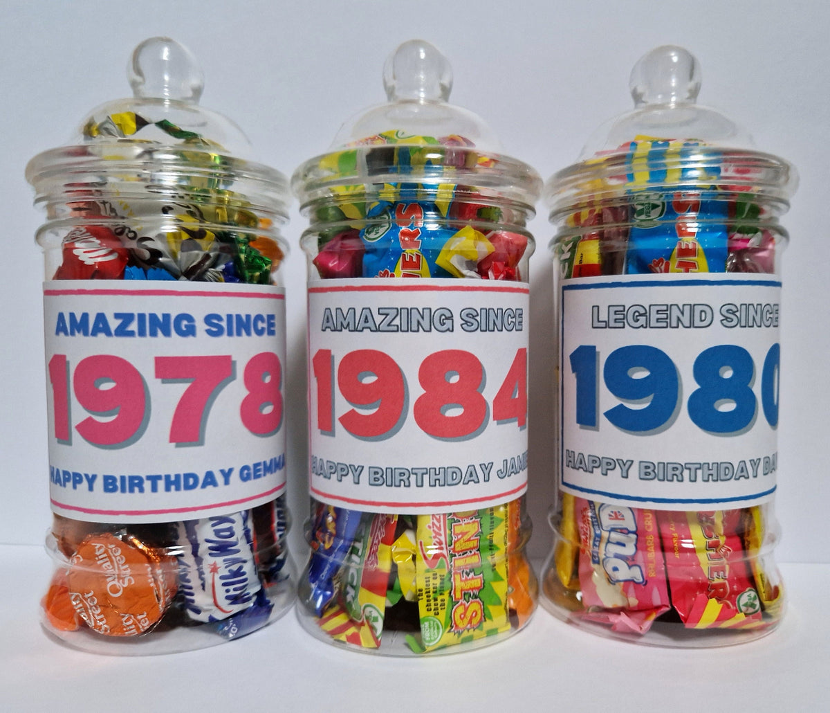 Personalised Year of Birth Sweet Jar Gift | Filled with Sweets or Chocolates | Milestone Birthday Gift | 18th, 21st, 30th, 40th, 50th, 60th