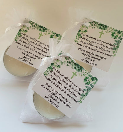 10 x Personalised Christening / Baptism / First Holy Communion candle favours  - keepsake / tealights / Botanical / Floral