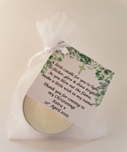 10 x Personalised Christening / Baptism / First Holy Communion candle favours  - keepsake / tealights / Botanical / Floral