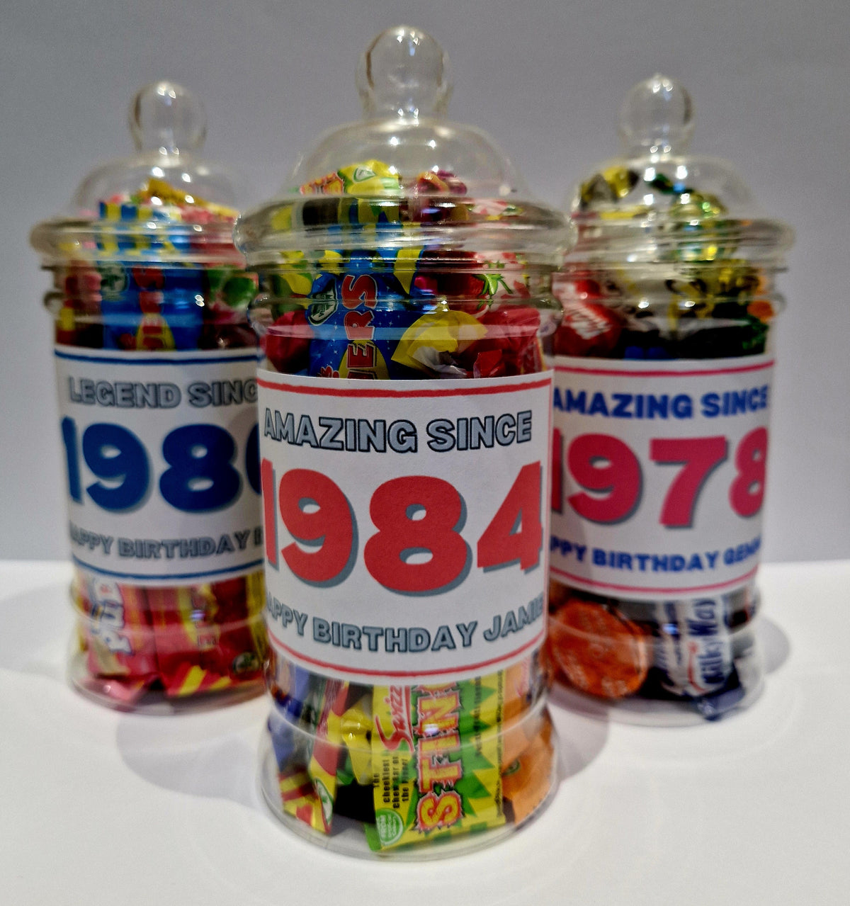 Personalised Year of Birth Sweet Jar Gift | Filled with Sweets or Chocolates | Milestone Birthday Gift | 18th, 21st, 30th, 40th, 50th, 60th