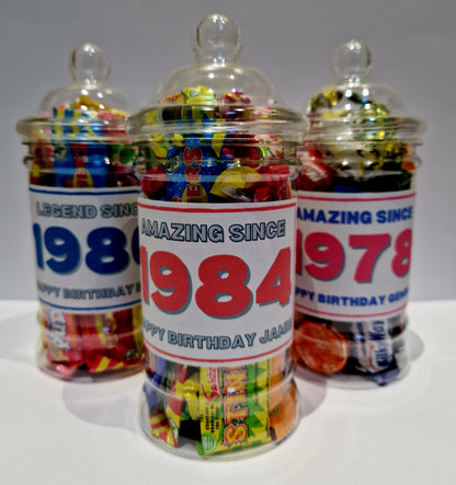 Personalised Year of Birth Sweet Jar Gift | Filled with Sweets or Chocolates | Milestone Birthday Gift | 18th, 21st, 30th, 40th, 50th, 60th