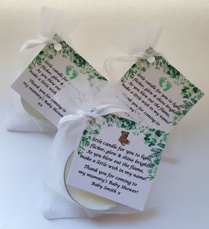Baby Shower Botanical Candle Favours | Personalised Vanilla Tealight Keepsake | Packs of 1–100