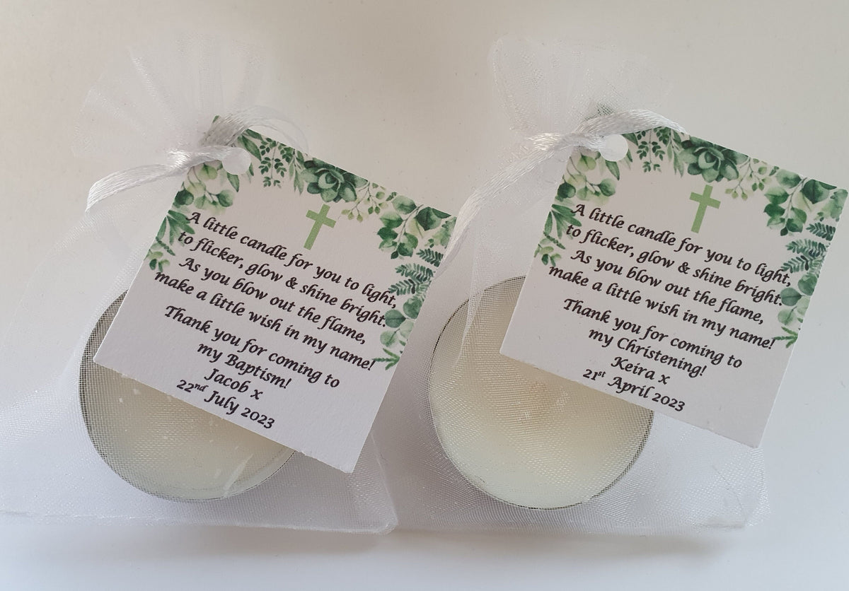10 x Personalised Christening / Baptism / First Holy Communion candle favours  - keepsake / tealights / Botanical / Floral