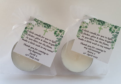 10 x Personalised Christening / Baptism / First Holy Communion candle favours  - keepsake / tealights / Botanical / Floral
