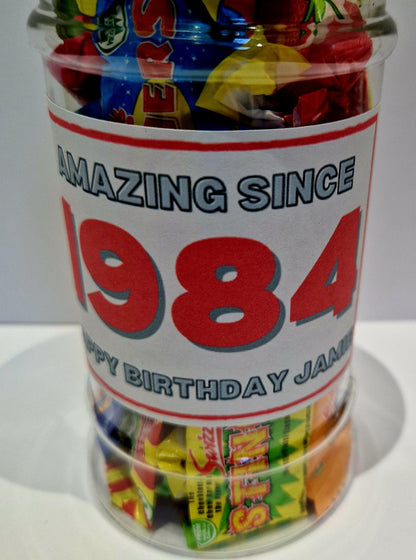 Personalised Year of Birth Sweet Jar Gift | Filled with Sweets or Chocolates | Milestone Birthday Gift | 18th, 21st, 30th, 40th, 50th, 60th